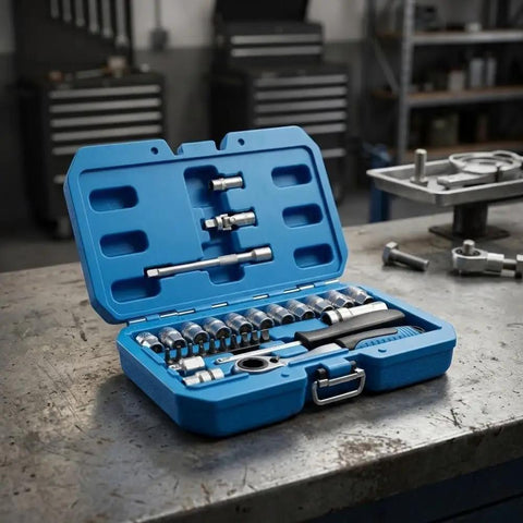 29 Piece Heavy Duty Through Hole Ratchet Socket Set Metric 12 Point Tool Kit Featuring Slick Rolling 72 Tooth Mechanism built into a blue carrying case.