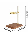 Premium Walnut Coffee Dripper Stand Adjustable Pour Over Holder With Matte Copper Aluminum Bracket shown with dimensions.