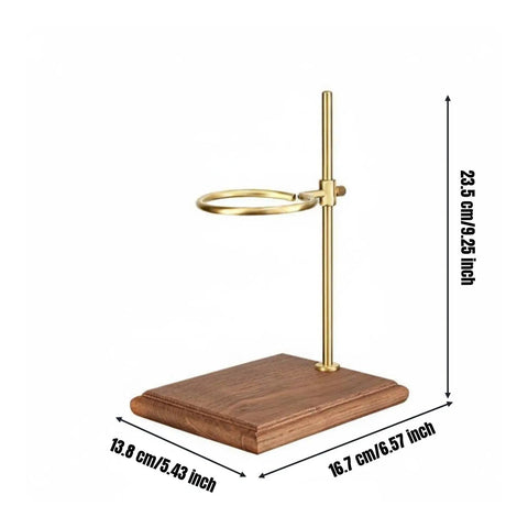 Premium Walnut Coffee Dripper Stand Adjustable Pour Over Holder With Matte Copper Aluminum Bracket shown with dimensions.