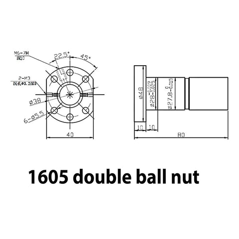 Built Dang Tough C7 Grade 16mm Ball Screw With Double Flange Nut Right Hand Thread 5mm Pitch Smooth Linear Motion Rail For CNC Routers Serious Industrial Mods And Precision Work technical drawing showing 1605 double ball nut dimensions.