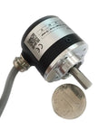 38mm Solid Shaft Rotary Encoder With 1000PPR And 5V Line Driver ABZ Signals 6mm Shaft next to a coin for scale