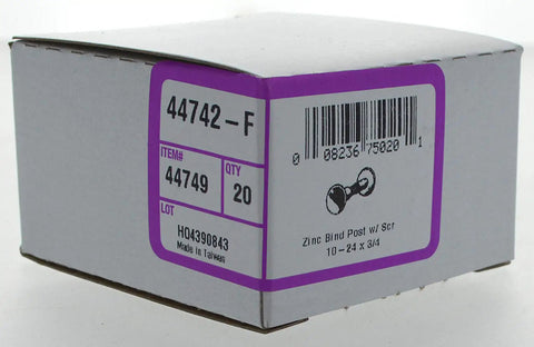 20 Piece Zinc Binding Post Set with Matching Screws 3/4 Inch Chicago Screw Posts packaging side view with item details.