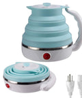 Foldable Travel Electric Kettle With Collapsible Food Grade Silicone 600ml Capacity Dual Voltage 110-220V US Plug Ultra Portable Blue Kettle For On The Go Coffee Tea Ramen And More shown in expanded and collapsed view