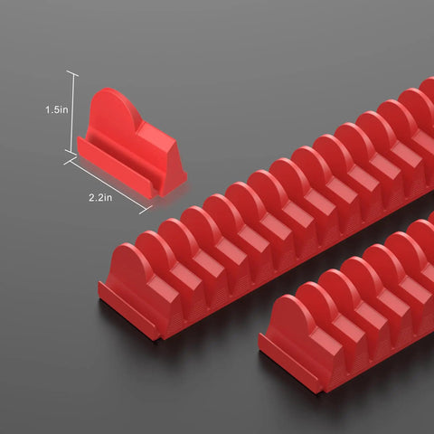 Magnetic Modular Wrench Organizer Set For Tool Drawers, red finish, close-up with 1.5x2.2 inch dimensions, for 6mm to 38mm wrenches.
