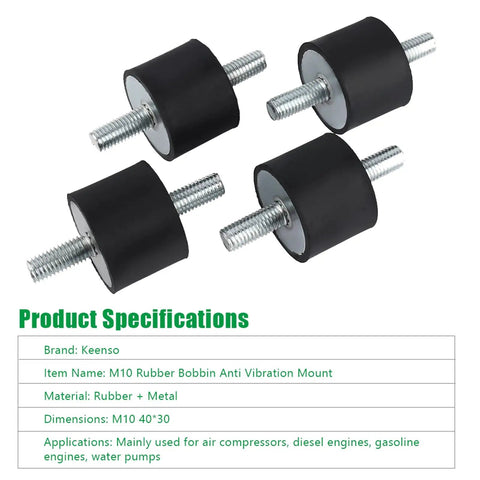 4 Pack Tough As Nails M10 Double Stud Rubber Isolation Mounts Heavy Duty Anti Vibration Shock Absorbers For Pump Generator Motor Engine Vibe Killer With Premium Bonded Design And Tear Resistant Build, showing four rubber mounts with metal studs.