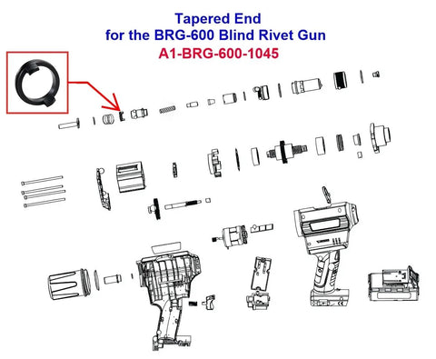 Heavy Duty Replacement Tapered End Tip For BRG 600 20V Cordless Blind Rivet Gun parts diagram showing components and assembly.