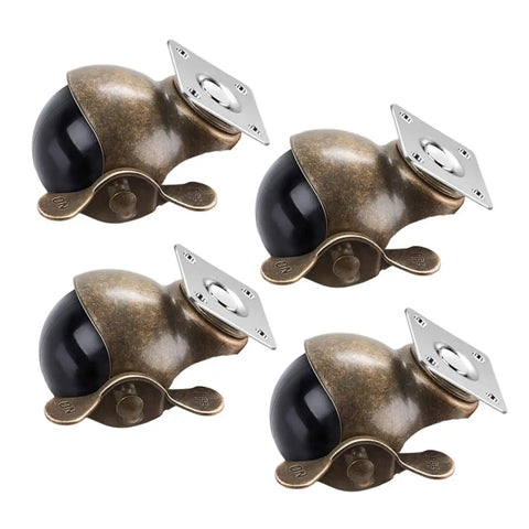 Four Pack Vintage Brass Caster Plates With Locking Wheels Heavy Duty Furniture Casters Built Like A Tank Smooth As Butter Rolling Platform For Trolleys And Shelves Indoor Outdoor, close-up view of brass casters.
