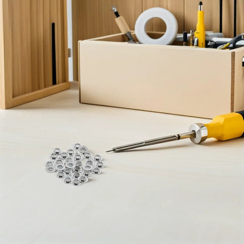 Heavy Duty Stainless Steel Eyeglass Hinge Shims Provide Dead Nuts Secure Support For Rimless Glasses Repair around tools on a work surface.