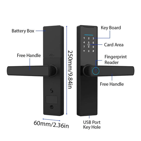 Premium Wireless Smart Door Lock Featuring Biometric Finger Scan And Numeric Keypad Interface, showing dimensions and features like key pad and fingerprint reader.