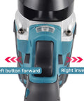 Cordless Electric Rivet Nut Gun Set With 5.2Ah Battery control panel showing forward and invert buttons, ergonomic design for heavy duty use.
