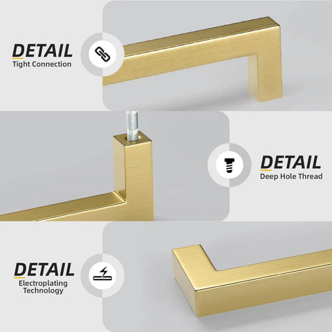 Killer 10 Pack Square Cabinet Handles For Kitchen Cupboards And Wardrobes Featuring Slick Brushed Gold Finish detail images of tight connection, deep hole thread, and electroplating technology