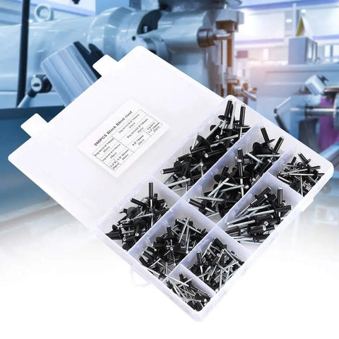 Aluminum Blind Rivet Kit With 200 Piece Assortment In 3.2, 4.0, 4.8mm Sizes, Oxidized Finish, And Storage Box