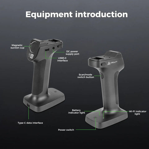 Slick WiFi 6 Wireless Screen Mirroring Adapter For 3D Scanners With Smartphone App Compatibility, device features labeled on handles.