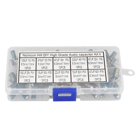 Top Shelf Audio Capacitor Assortment Kit 100 Pieces Of Durable Electrolytic Radial Capacitors 10Uf Through 470Uf and 10V Through 63V Voltage Range in storage box.