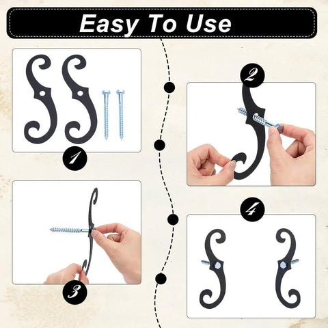 Top Shelf Black Shutter Dog Hardware 6 Pack Features 6.3 Inch Decorative Iron Window Shutter Fasteners assembly steps with screws shown.
