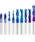 Nine Piece Solid Carbide CNC Router Bit Set With Nano Blue Coating And One Fourth Inch Shank Hella Sharp Edges For Woodworking Pros And Weekend Warriors A Total Sweet Deal, showcasing various router bit designs.