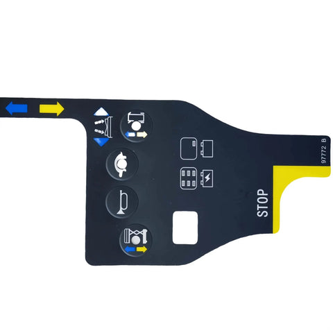 Top Shelf Replacement Play Control Box Overlay Decal Sheets 97772 97772GT 97772B 10 Pack for Genie lift consoles showing control buttons.