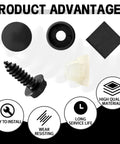 Universal License Plate Screws Set In Premium Stainless Steel Self Tapping Bolts For Cars Trucks And SUVs No Wobble Rattle Free Mounting Hardware Anti Rust For Secure License Plates And Hood Mounting, showing components and advantages of high quality materials, easy installation, wear resistance, and long service life.