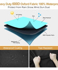 Infographic showing layers of 8 Foot Firewood Rack Cover With Front Zipper For Easy Top Access, Waterproof Outdoor Log Shelter, Heavy Duty 600D Oxford Material.