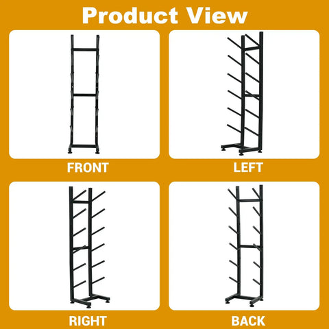 Heavy Duty 6 Layer Skateboard Floor Stand And Wall Mount Rack To Park Longboard Cruiser And Mini Deck Plus Snowboard Storage Rack Shop Grade, front, side, and back views.