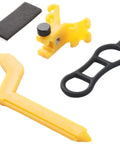 Portable Bicycle Wheel Truing Stand With Rim Adjustment And Accurate Percentage Gauge components in bright yellow ABS.