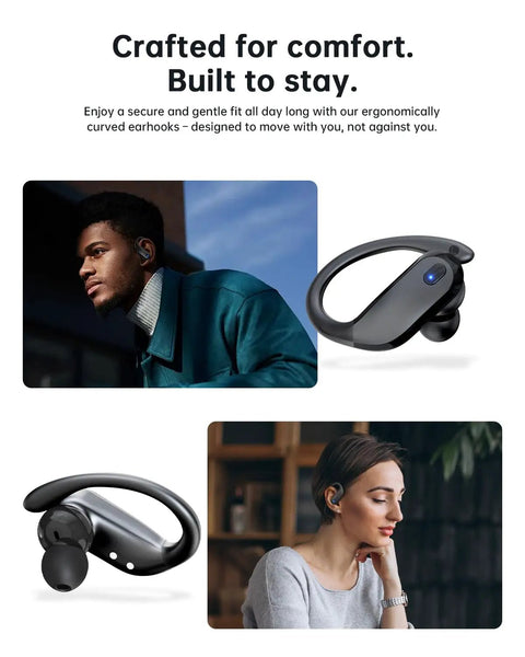 Bluetooth 5.4 Wireless Earbuds With Secure Ear Hooks For Running And Workouts IPX7 Waterproof Sport Headphones worn by a man and woman.