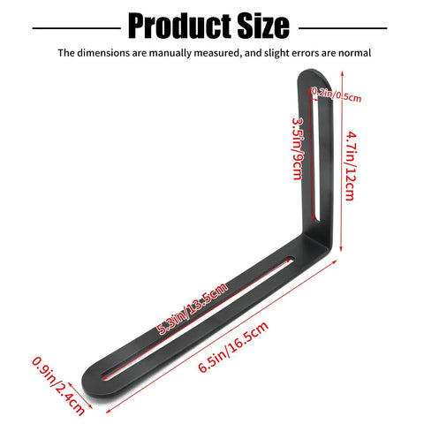 Four Pack Rock Solid Stainless Steel L Shaped Corner Brackets Featuring Dual Adjustable Slide Slots For No Sweat Setup And Heavy Duty Shelf Support Hardware In Smooth Matte Black Finish size dimensions displayed.