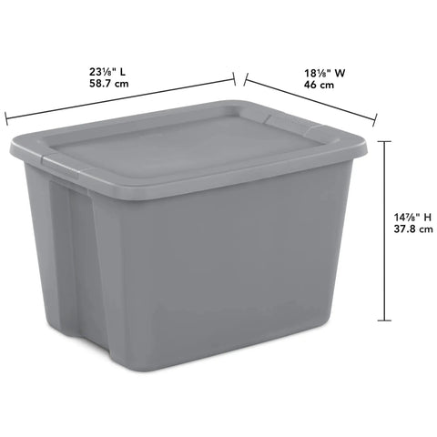 Built Tough Eighteen Gallon Storage Bin With Secure Snap Lid Heavy Duty Stackable Tote For Clutter Control Hella Roomy Gray Plastic Organizer Zero Fuss side view with dimensions shown.