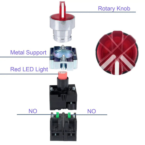 Two Pack 22mm Latching Rotary Selector Switch With Red Pilot Light, 3 Position Maintained, 2NO, showing components breakdown