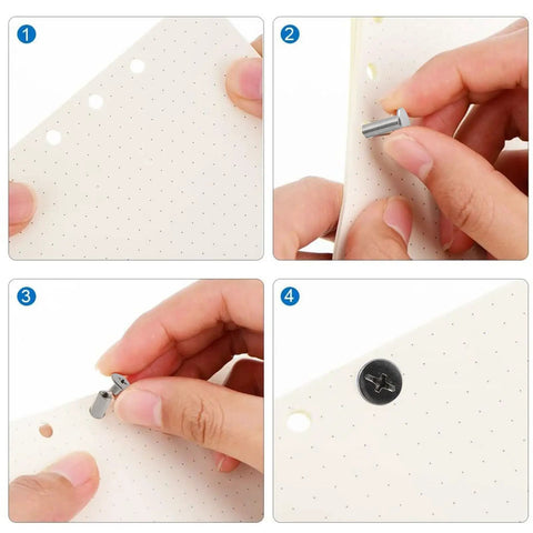 Top Shelf Stainless Steel Chicago Binding Screws 30 Piece Set 5Mm X 25Mm Phillips Head stud posts being inserted into paper.