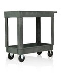 Heavy Duty Two Shelf Rolling Utility Cart With Smooth Rollin Casters And Straight Up Tough Frame For Massive Storage Loads Around Commercial Garage Or Workshop Indoor Outdoor Rust Proof Setup, featuring durable polymer body and swivel wheels.