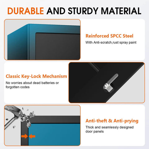 Corner view of the Rugged Steel Fireproof Safe Box With Secure Key Lock And Generous Shelf Space For Safely Stashing Cash Documents And Passports Inside A Stealth Home Vault showing reinforced SPCC steel and key-lock mechanism.