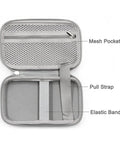 Interior view of Rock Solid Hardshell Diabetes Travel Case Bag featuring mesh pocket, pull strap, and elastic band.