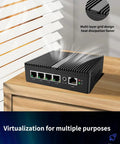 Heavy Duty Fanless Mini PC With Intel J6412 Chip And Quad 2.5G Lan Ports Plus Sim Card Slot sitting on a wooden desk, showcasing connectivity ports.