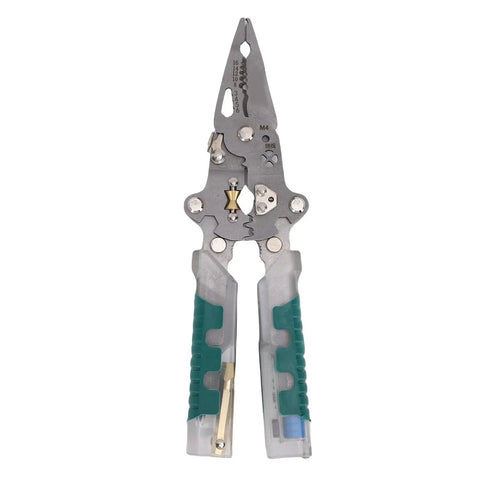 Hella Versatile Foldable Wire Stripper And Compact Hand Pliers With Built In Voltage Tester For Pro Electricians And Weekend Warriors. Silver metal pliers with green rubber grips.