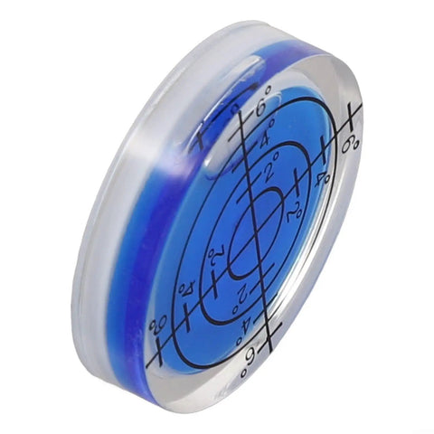 Round Bubble Level for Precision Measuring and Alignment Tasks, clear body, blue liquid, precision scale, compact design.