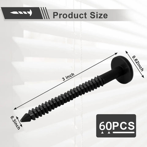 Contractor Grade 3 Inch Vinyl Shutter Fasteners With Reverse Barb Design Sunproof Black Shutter Spike Anchors close-up on a 3 inch fastener.