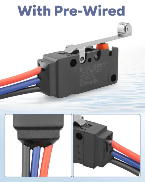 All Weather Waterproof Microswitch with Track Roller Bar, pre-wired, SPDT 3 Pin 10A 125/250V, indoor outdoor use, close-up view