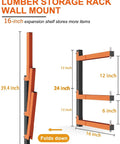 Heavy Duty Wall Mounted Lumber Storage Rack With 6 Levels Up To 720 Lbs Capacity showcasing folding orange arms and dimensions