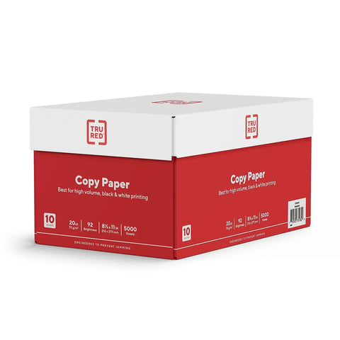Premium White Copy And Printer Paper 8.5 X 11 Inches Twenty Pound Weight Ninety Two Brightness Five Thousand Sheets Per Carton in red box.