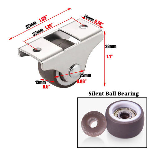 Fixed 1 Inch Caster Wheels 8 Pack With Silent Bearing Metal Top Plate And TPE Rubber Low Profile Casters dimensions and close-up