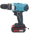 Heavy Duty Cordless Electric Drill Kit With Two 21V Lithium Batteries And Quick Swap Chuck showing ergonomic grip and power indicators.