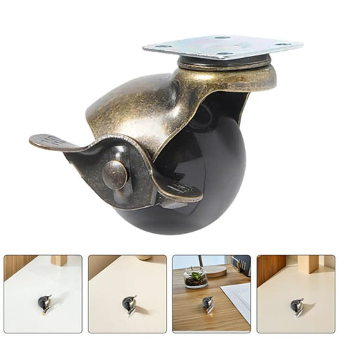 Vintage Bronze Ball Caster Wheels With Locking Brakes For Furniture close-up view of heavy duty swivel caster with black ball.