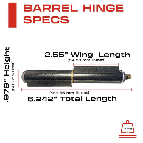 Heavy Duty Weldable Bullet Hinge Measures 6 Point 24 Inches By 0.979 Wide with 2.55 inch wing length and specs displayed.