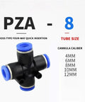 PZA 8 cross type four-way quick insertion connector for 10mm tubing and hose, pneumatic parts joint for air systems.