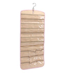 Slick Double Sided Hanging Jewelry Organizer With Foldable Design And Ample Pockets For Rings Earrings Watches, clear pockets, compact travel case.