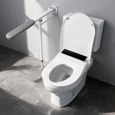 Heavy Duty Flip Up Toilet Grab Bar With Adjustable Length And Height Hella Stable Bathroom Safety Rail For Seniors Support Leg 660 Lb Capacity Anti Slip Handicap Handrail Built Like A Tank Grip mounted beside a toilet.