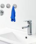 6 Pcs Stainless Steel Wall Hooks Zero Damage Install No Sweat Mount Heavy Duty Coat And Hat Hangers Punch Free Bath Towel Hooks Kitchen Racks Ridiculously Sturdy Versatile Home Storage Solution Gift Set with blue towel and loofah.