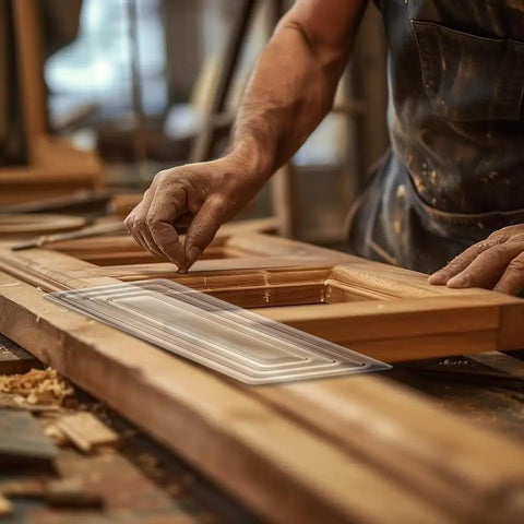 Craftsman using Clear Acrylic Router Template Set With Four Rectangular Inlay Guides And Etched Dimensions for precise woodworking cuts.