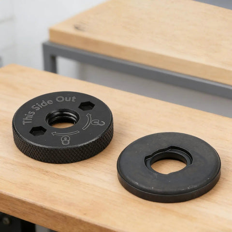Heavy Duty Angle Grinder Flange Set With Beast Mode Inner Outer Clamps, solid black metal plates for locking discs.